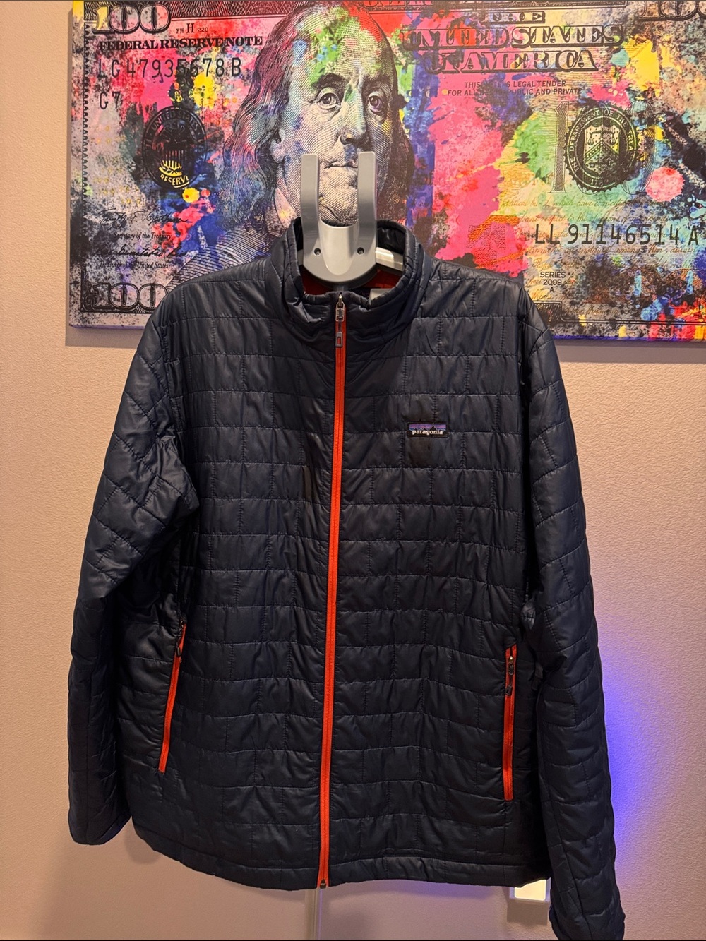 Patagonia Men’s Navy Quilted Puffer Jacket with Orange Zips